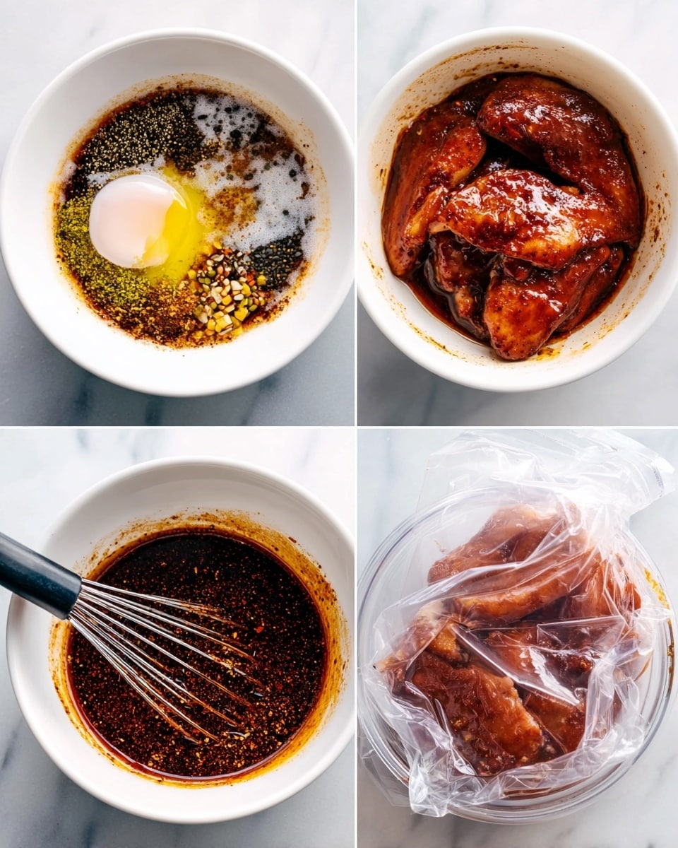 A white bowl contains multiple layers of marinade ingredients: a raw egg yolk with white near the center, surrounded by dark brown sauce spots, patches of green, yellow powder, black and white seeds, and small bits of lighter textures, all sitting in a light liquid base. Another white bowl shows the same mix after stirring into a smooth dark reddish-brown sauce with small flecks of spices, a black whisk resting inside. A third white bowl holds pieces of raw chicken skin fully covered in the thick dark red-brown marinade, glistening and coated evenly. Finally, a clear zip-top bag contains the chicken pieces soaked in the same reddish marinade, visible through the plastic, resting on a white marbled surface. Photo taken with an iphone --ar 4:5 --v 7