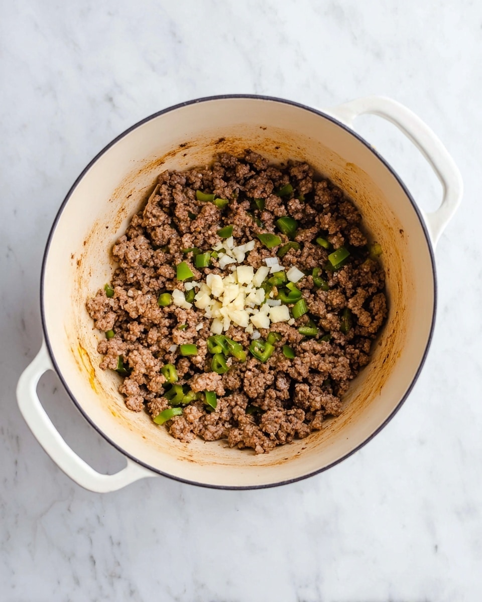 A white pot with two handles holds cooked ground meat mixed with small pieces of green bell pepper and diced white onion. Three small piles of minced garlic sit on top near the center, and the inside of the pot has some brown cooked marks. The pot is placed on a white marbled surface. photo taken with an iphone --ar 4:5 --v 7
