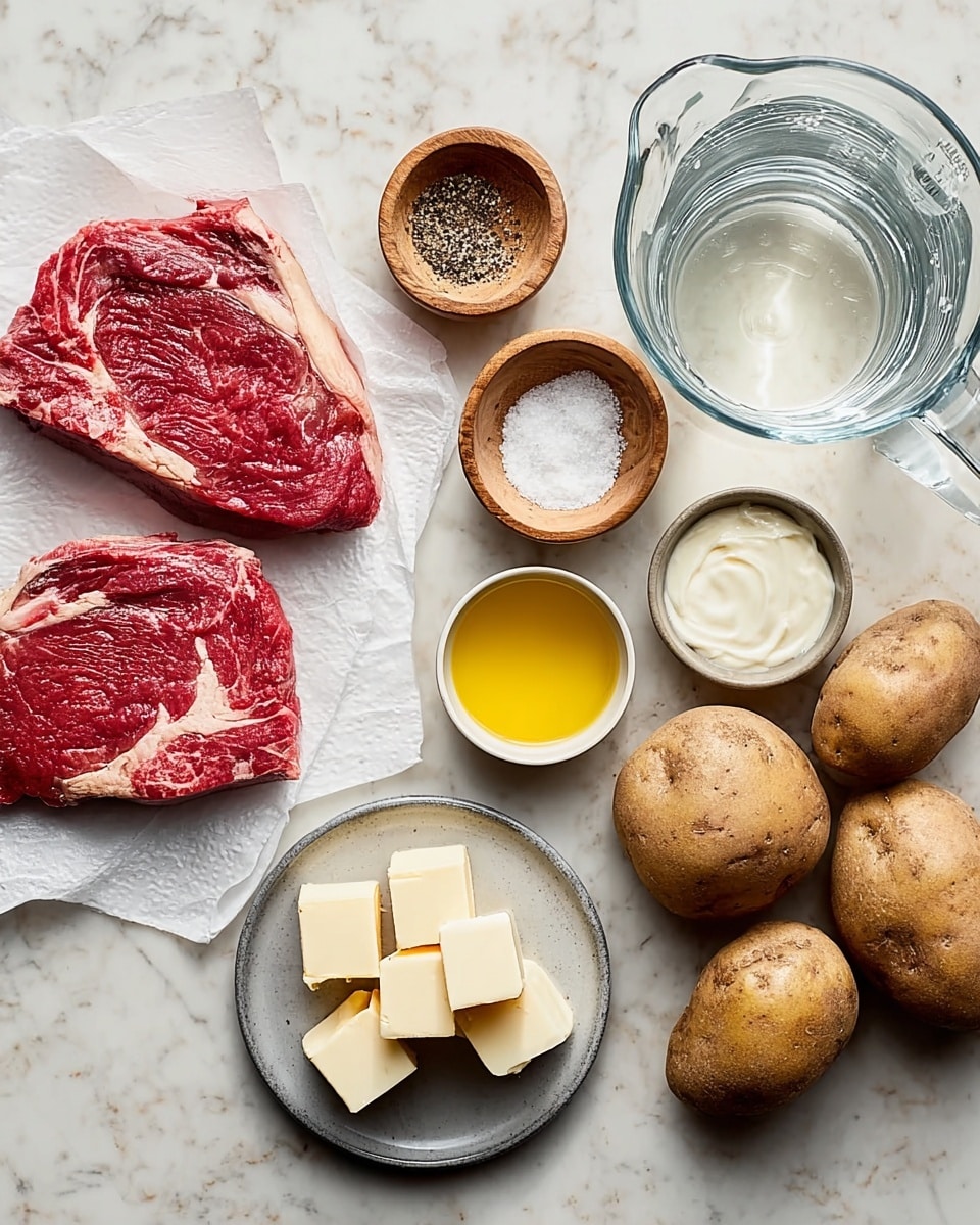 The image shows raw ingredients neatly arranged on a white marbled surface. On the left, two pieces of red raw steak with white fat marbling rest on white paper. Moving to the right, there is a small white bowl with black pepper, a wooden bowl of white salt, a small white bowl with yellow oil, and a small white bowl with another type of white salt. Below these bowls, a small gray plate holds three cubes of pale butter. Below the plate, a clear glass container has white creamy sauce. To the far right, three whole brown potatoes are placed next to a large clear glass measuring cup filled with water. The layout is clean and organized, showing fresh ingredients ready for cooking photo taken with an iphone --ar 4:5 --v 7