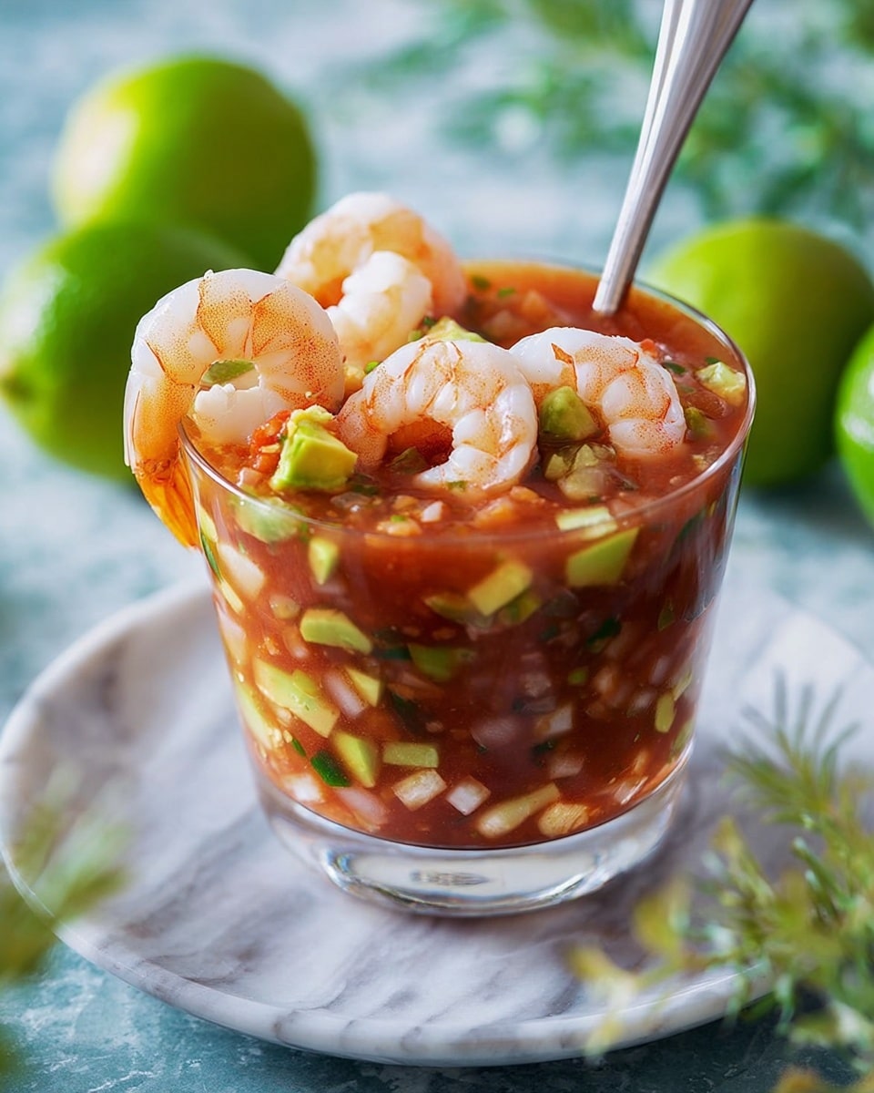 The image shows a clear glass filled with a layered shrimp cocktail, starting with a chunky red tomato-based sauce mixed with small green and white pieces of avocado and onion throughout. On top, there are four plump, pink shrimp arranged along the rim of the glass, some partly dipped in the sauce. A silver spoon sticks inside the glass, angled to the left. The glass sits on a white plate with a white marbled surface underneath. Around the plate, there are two whole green limes and some out-of-focus greenery in the background. Photo taken with an iphone --ar 4:5 --v 7