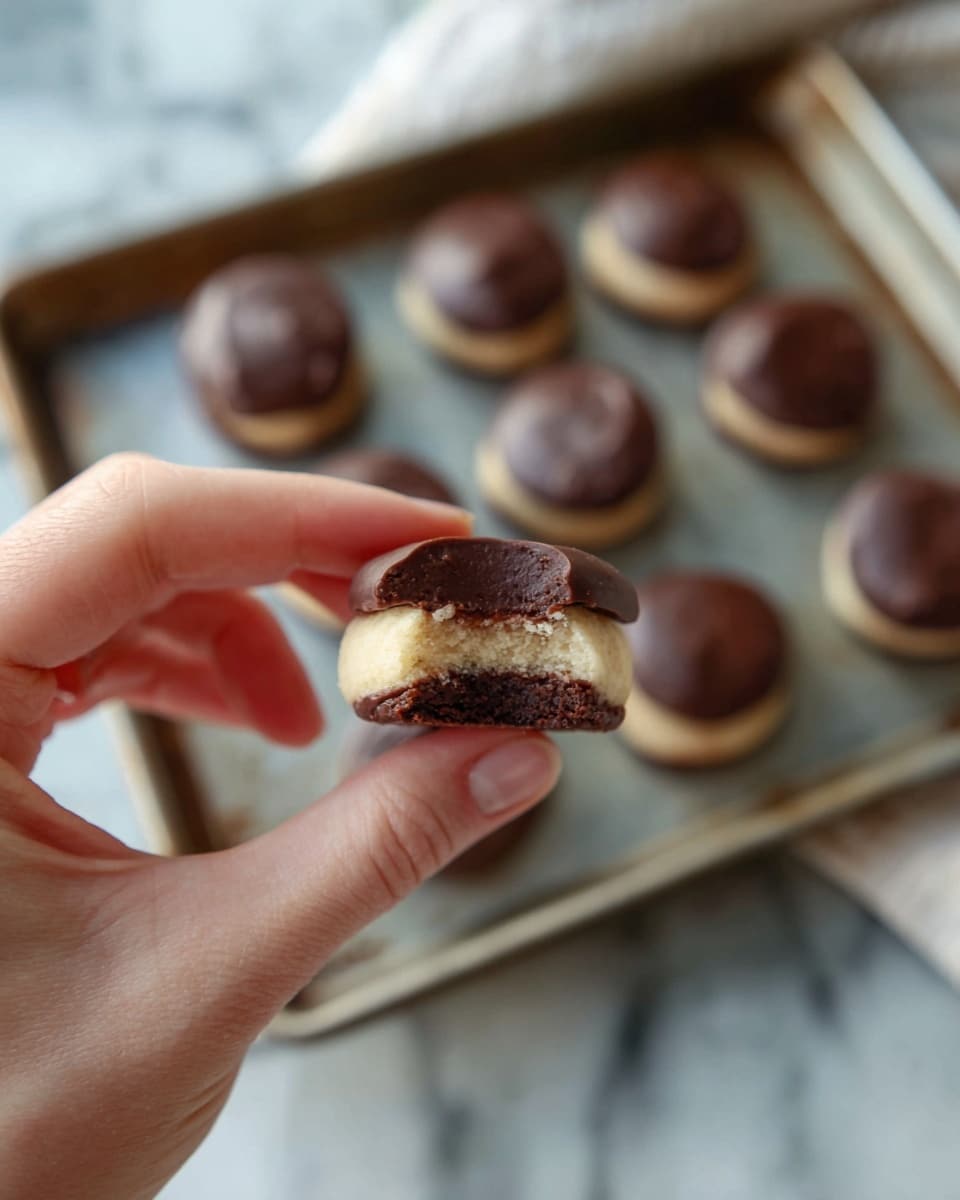 The close-up image shows a woman's hand holding a small round cookie with three visible layers: a bottom dark brown chocolate layer with a smooth shiny texture, a middle light creamy beige layer looking soft and slightly airy, and a top dark chocolate layer also smooth and shiny. In the background on a metal baking tray, more of the same cookies are arranged, each with the same color layers and round shape, sitting on a white marbled surface. The photo is softly lit with a shallow depth of field focusing on the cookie in the woman's hand. Photo taken with an iphone --ar 4:5 --v 7
