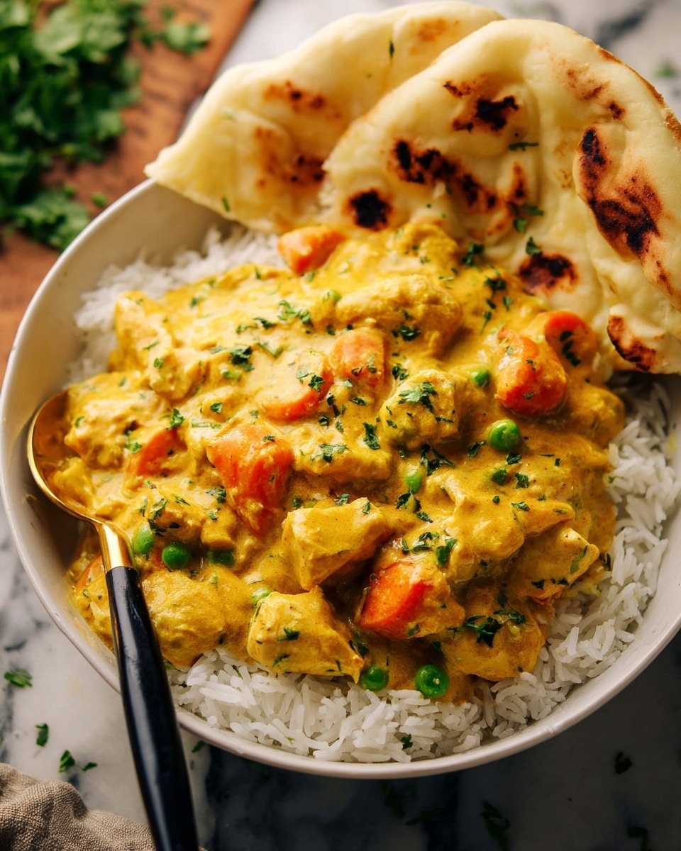 A close-up of a white bowl filled with three visible layers: the bottom layer is white rice with fluffy texture, the middle layer is thick yellow curry sauce with creamy texture and chunks of chicken and orange carrots mixed with green peas, sprinkled lightly with green herbs on top, and the top layer is a piece of folded naan bread resting on the right edge of the bowl with toasted brown spots and soft texture. A gold and black spoon rests inside the bowl on the left side. The bowl is placed on a white marbled surface with some green herbs blurred in the background. Photo taken with an iphone --ar 4:5 --v 7