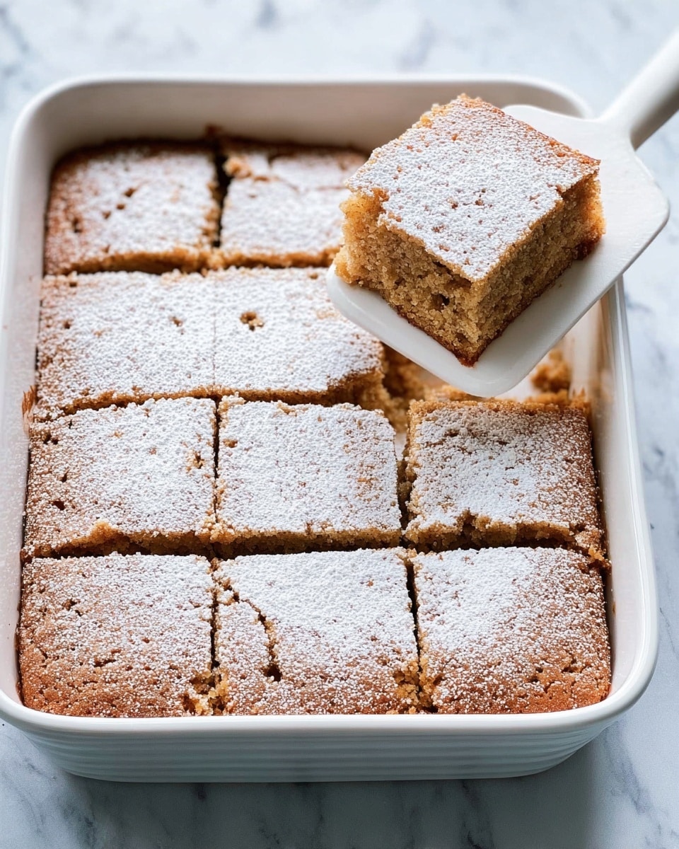 A white square baking dish holds a light brown cake cut into nine even square pieces, with one piece lifted on a white spatula above the dish. The cake has a soft, moist texture with small dark specks throughout and is topped with a light dusting of white powdered sugar. The surface it sits on is a white marbled texture. photo taken with an iphone --ar 4:5 --v 7