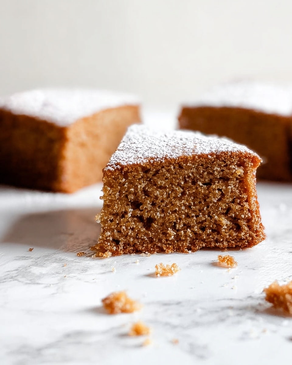 The image shows three pieces of brown cake with a soft and crumbly texture, placed on a white marbled surface. Each cake piece has a light dusting of white powdered sugar on top. The cake layers appear moist and dense with an even crumb structure. The piece closest to the foreground is cut into a slight triangle shape, while the other two pieces are blurred in the soft background, creating depth. Small crumbs are scattered around on the surface, adding to the natural look. Photo taken with an iphone --ar 4:5 --v 7