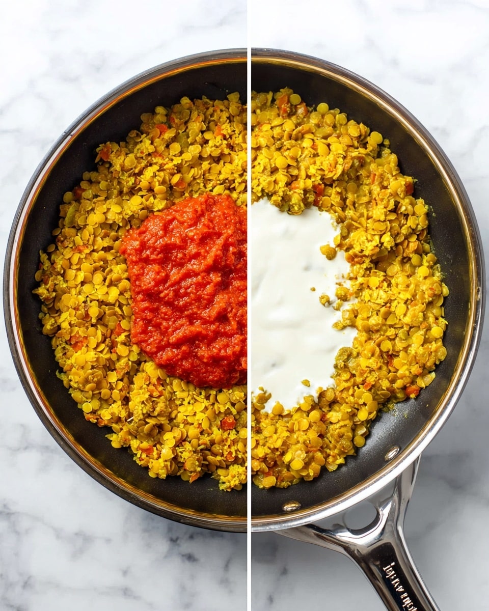 The image shows two side-by-side views of a dark pan filled with a yellowish cooked mixture of small diced pieces and grains, likely spiced lentils or vegetables, on a white marbled surface. The left view features a bright red chunky tomato sauce placed neatly in the center on top of the yellow mixture. In the right view, a white creamy liquid surrounds and partly covers the tomato sauce and yellow mixture, creating a contrast of red, yellow, and white layers inside the pan. The pan has a shiny black handle with the brand name visible. Photo taken with an iphone --ar 4:5 --v 7
