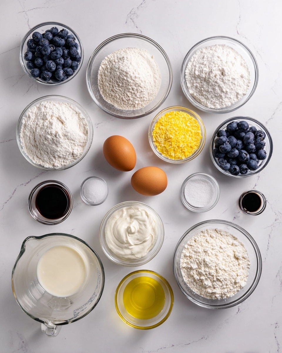 The image shows a white marbled surface with several clear glass bowls and measuring cups arranged neatly, each holding different baking ingredients. There are two brown eggs in the center, surrounded by bowls filled with white flour, powdered sugar, granulated sugar, fresh blueberries, and bright yellow grated lemon zest. Other bowls contain white sour cream, a small amount of dark liquid vanilla extract, clear lemon juice, and baking powder. A glass measuring cup holds a pale liquid, likely milk, while another measuring cup contains a golden-yellow liquid, probably oil. The layout is clean and organized, showing all ingredients before mixing. Photo taken with an iphone --ar 4:5 --v 7