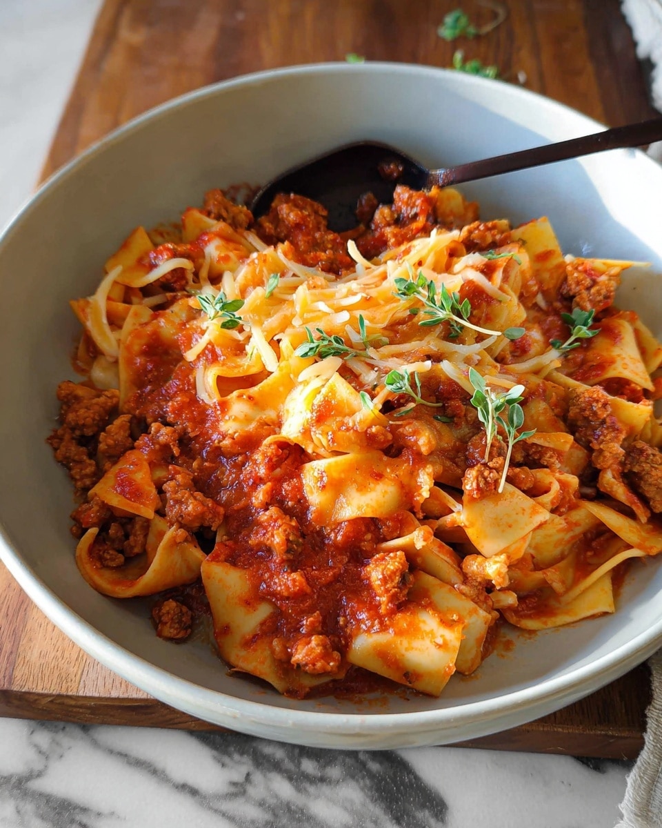 A white bowl is filled with pasta layered and mixed in a rich red tomato sauce with small chunks of ground meat. The pasta is pale yellow with a smooth texture. On top, melted shredded cheese in yellow and white colors covers part of the pasta, creating a gooey, soft layer. Small green sprigs of fresh herbs are scattered on top, adding a touch of brightness. A dark utensil is partially visible inside the bowl. The bowl rests on a wooden surface with a hint of a white marbled texture nearby. Photo taken with an iphone --ar 4:5 --v 7