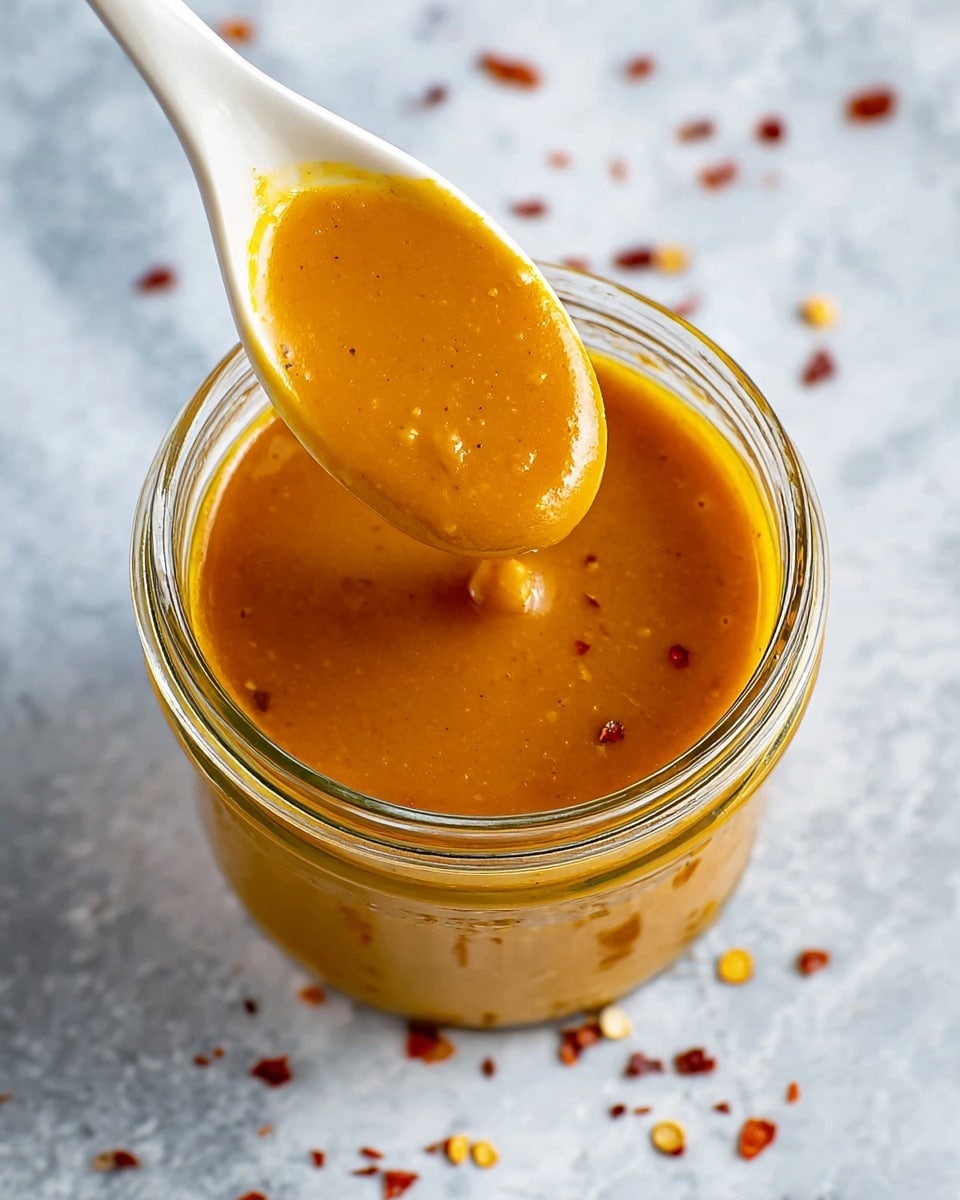 A clear glass jar filled with a smooth, thick, bright orange sauce. A white ceramic spoon is dipped into the jar, holding a round scoop of the sauce that has a slightly shiny, thick texture. The jar is placed on a white marbled surface with small scattered red pepper flakes around it. Photo taken with an iphone --ar 4:5 --v 7