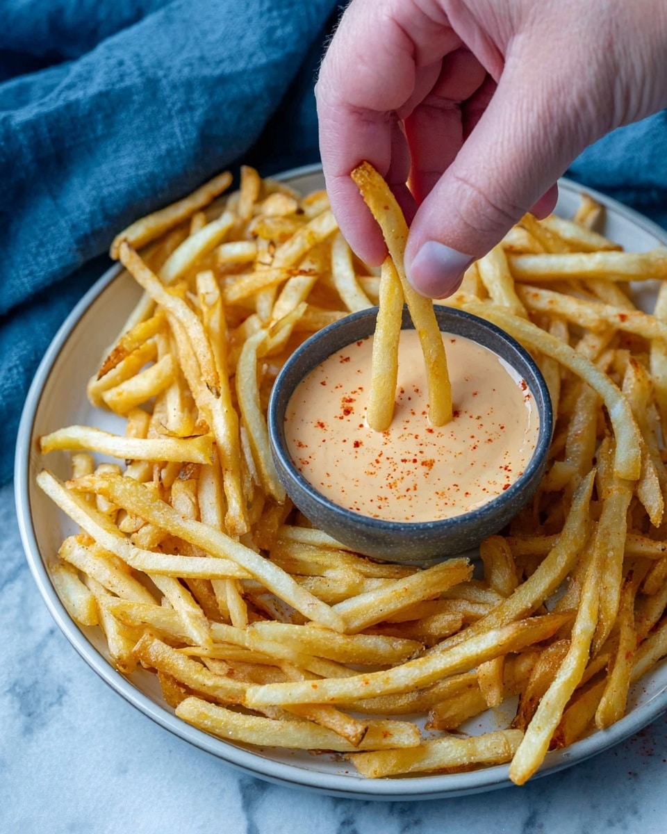 A close-up image shows a woman's hand picking three thin, golden-yellow French fries from a large round white plate filled with many fries, surrounding a small bowl of creamy light orange sauce with visible red spices. The fries have a slightly crispy texture with some golden-brown edges. The plate is placed on a white marbled surface with a soft blue fabric partially visible in the background. The sauce looks smooth and thick, and the woman's hand is positioned above it as the fries dip slightly into the sauce. Photo taken with an iphone --ar 4:5 --v 7