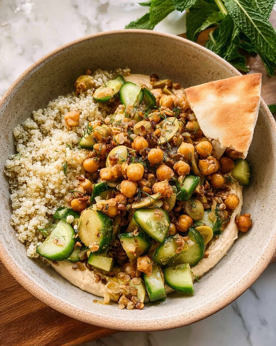 A bowl with a first layer of fluffy white quinoa with a grainy texture, topped with a creamy beige hummus spread. Above that, a mix of cooked chickpeas and lentils with a golden brown, slightly shiny look is scattered. Bright green slices of cucumber and green olive slices are mixed in, adding fresh color and texture. On the side, a piece of toasted white flatbread rests partially inside the bowl. The bowl is speckled light brown with a smooth finish, and the background shows a white marbled texture with fresh green herbs visible in the top right corner. Photo taken with an iphone --ar 4:5 --v 7