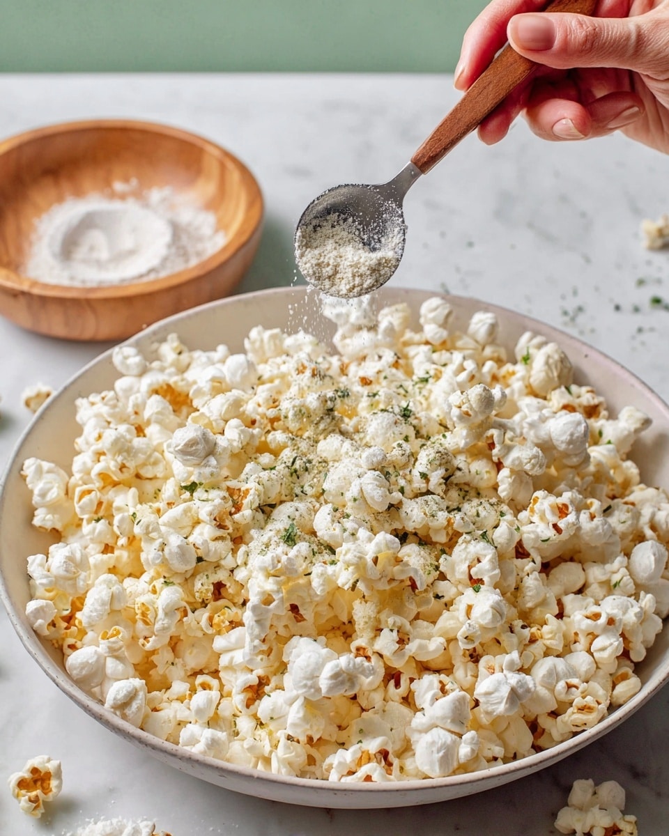 A large white bowl filled with light yellow and white popcorn, some pieces sprinkled with a fine white powder seasoning with green herbs mixed in. A woman's hand holds a wooden spoon with a metal head, scooping the white powdered seasoning over the popcorn. In the background, a round wooden bowl with more white powdered seasoning is slightly visible, placed on a white marbled surface. Photo taken with an iphone --ar 4:5 --v 7