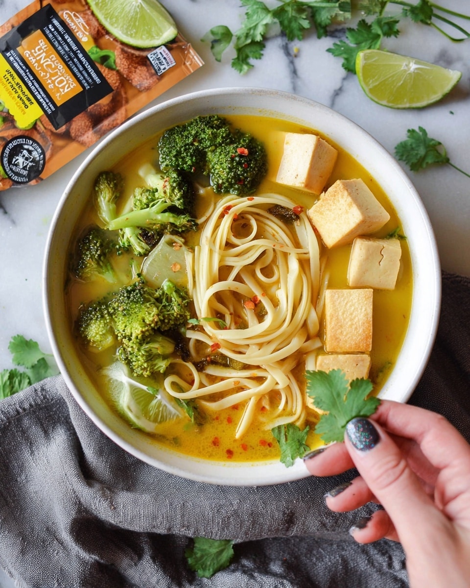 A white bowl sits on a white marbled surface, filled with a golden yellow broth. Inside, there are several smooth, pale tofu cubes with a light brown outer edge floating near the top right, and cooked spaghetti-like noodles in the middle and left. Bright green broccoli florets are placed around the noodles, along with a lime wedge toward the bottom left and another lime wedge on the middle left. Fresh cilantro leaves are scattered on top, adding a touch of green, and small dark red chili flakes are visible on the noodles and tofu. A woman's hand with long, gray nails holding a sprig of cilantro is at the bottom right of the image. The scene includes a gray cloth underneath the bowl and a package of golden turmeric lightly fried tofu in the background, resting on the white marbled surface. Photo taken with an iphone --ar 4:5 --v 7