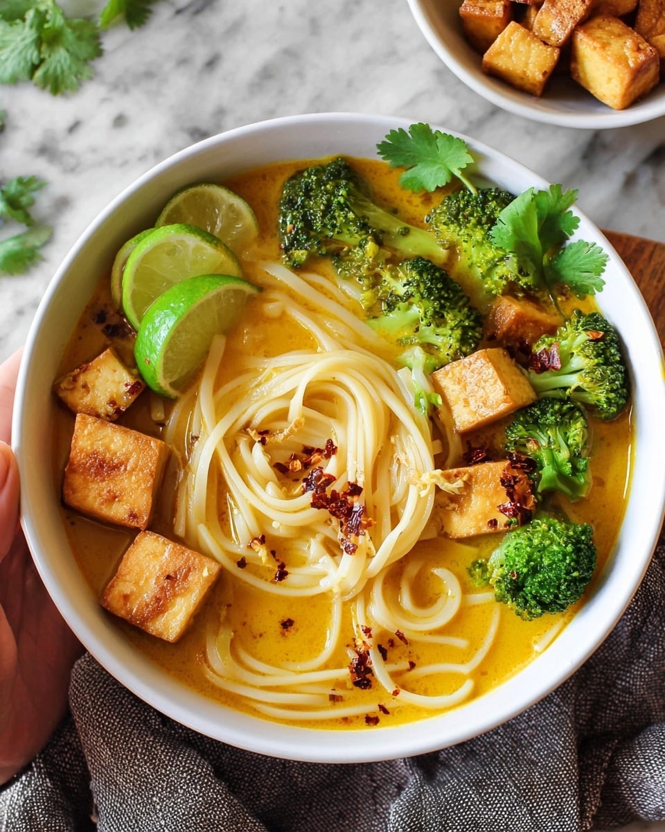 A white bowl filled with a yellow-orange broth containing long, light yellow noodles layered at the center, topped with bright green broccoli florets scattered around. Several golden-brown tofu cubes float on top, along with dark red chili flakes sprinkled sparingly. There are two lime wedges, one green and one lighter green-yellow, placed near the noodles. Fresh green cilantro leaves rest on the noodles and broth. In the background, a white bowl holds more golden-brown tofu cubes, and the whole scene is set on a white marbled surface with a gray cloth underneath. Photo taken with an iphone --ar 4:5 --v 7
