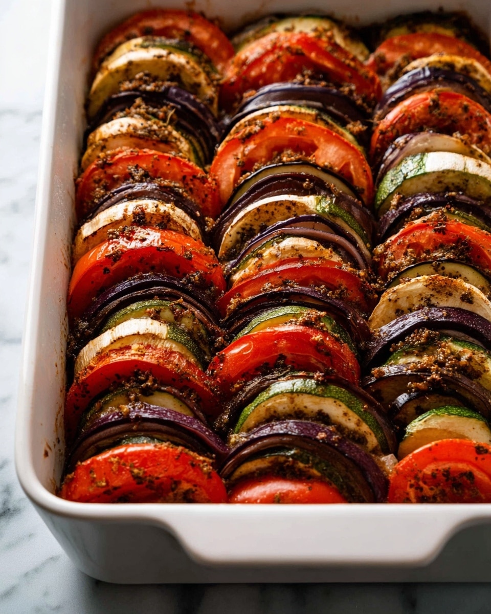 This image shows a white baking dish filled with layers of roasted vegetables arranged in rows. Each row has several layers: bright red tomato slices, dark purple eggplant slices, green zucchini slices, and some purple onion slices, all standing upright. The vegetables have a roasted texture with browned and slightly crispy edges. The top is sprinkled with bits of garlic and small dark spices, giving a rough, seasoned look. The dish sits on a white marbled surface. Photo taken with an iphone --ar 4:5 --v 7