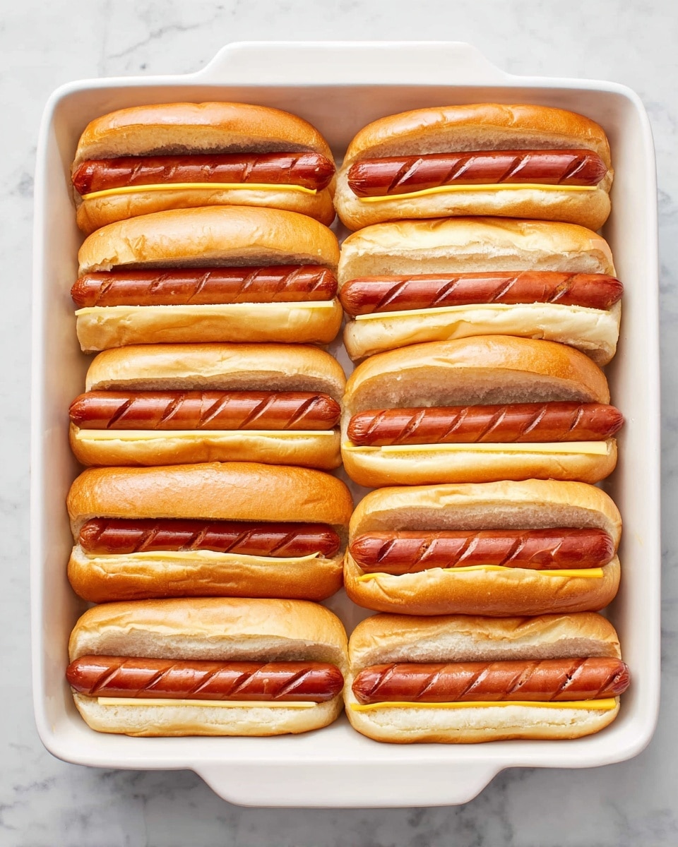 A white baking dish holds eight hot dogs arranged in two rows of four. Each hot dog has a light golden brown bun that is soft in texture, gently hugging a reddish-brown sausage with diagonal grill marks. A slice of yellow cheese lies flat underneath each sausage, peeking out from the sides. The baking dish is set on a white marbled surface, enhancing the clean and simple look. The hot dogs are packed closely together, creating a uniform and appetizing presentation. photo taken with an iphone --ar 4:5 --v 7