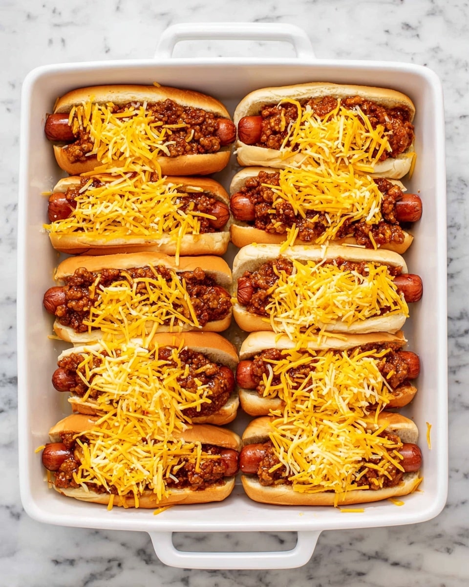 The image shows a white baking dish filled with eight hot dogs arranged in two rows of four. Each hot dog is nestled inside a soft, light brown bun. On top of each hot dog, there is a layer of thick, dark red chili with small chunks of ground meat scattered. The final topping is a generous sprinkle of bright orange shredded cheddar cheese that covers the chili and bun fully. The dish sits on a white marbled surface. Photo taken with an iphone --ar 4:5 --v 7