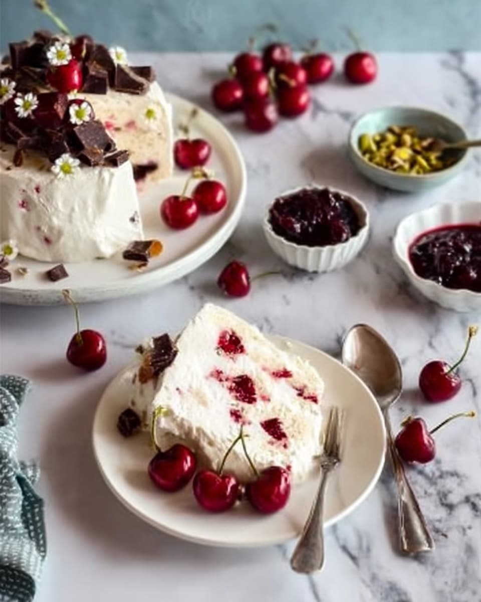 A white plate with a slice of cake made of light cream and decorated with bright red cherries and small white flowers on top, showing two visible layers of soft cream and cake inside. The cake sits on a white marbled surface with a silver spoon placed beside it. In the background, a larger portion of the same cake on a white plate features dark chocolate pieces and more cherries, and small bunches of ripe cherries are scattered around. A small white bowl filled with crushed green nuts and another bowl holding dark red jam complete the scene. Photo taken with an iphone --ar 4:5 --v 7