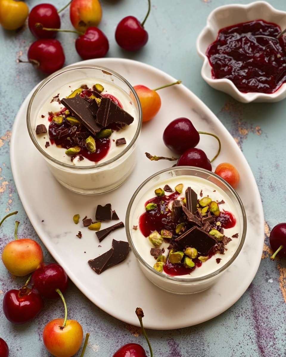 Two clear glass cups sit on a white plate, each filled with a creamy white layer topped with dark chocolate shards, red cherry sauce, and small green pistachio pieces. The plate is surrounded by whole cherries with dark red and yellow skin, scattered on a white marbled surface. Nearby, a small white bowl shaped like a flower holds more cherry sauce. The scene is brightly lit and colorful, with a mix of red, white, dark brown, and green tones. photo taken with an iphone --ar 4:5 --v 7