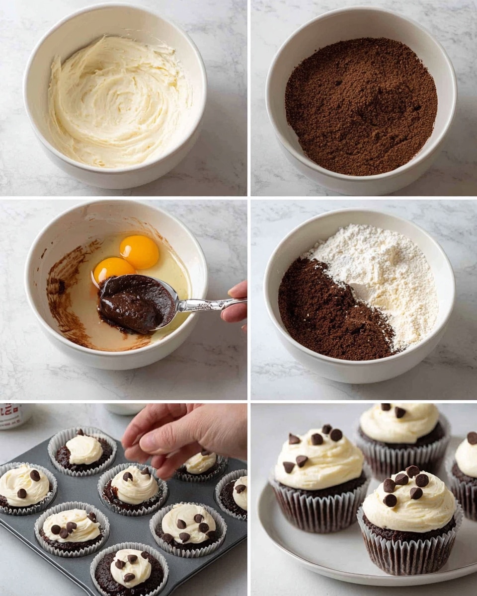 Six images show the making of chocolate cheesecake cupcakes. The first image has a white bowl with smooth and creamy white frosting inside. The second image shows a white bowl with dry ingredients: dark brown cocoa powder, a lighter brown powder, white baking powder, and beige flour placed in sections. The third image shows the same bowl, but now with three raw eggs in the middle of the dry mix with some wet ingredients. The fourth image shows a woman's hand using a spoon to put thick dark brown chocolate batter into white paper cupcake liners inside a muffin tin. The fifth image shows the cupcakes with a dollop of smooth white cheesecake mixture on top of each cupcake in the tin. The last image shows two finished cupcakes on a white plate, each with a creamy white cheesecake layer topped with small dark chocolate chips, and in the background a white cup of black coffee. The surface and background in all photos have a white marbled texture, photo taken with an iphone --ar 4:5 --v 7
