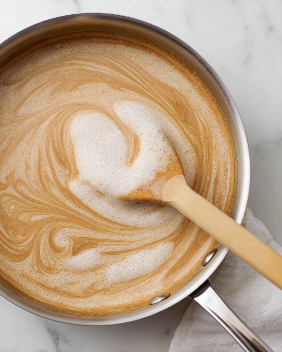 A close-up view of a metal pan filled with a creamy liquid that has a light brown and tan swirled texture on the surface. A wooden spoon with a smooth light beige handle is partly dipped into the liquid, showing some of the same swirled colors on its tip. The pan's shiny silver handle extends out to the right, resting on a white marbled surface. The liquid appears warm and gently mixed, creating soft, flowing patterns across the top photo taken with an iphone --ar 4:5 --v 7