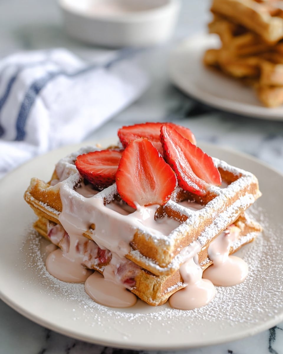 A white plate holds a stack of two golden-brown waffles. The top waffle is covered with a light dusting of powdered sugar and drizzled with a thick, pale pink sauce that flows down the sides in soft waves. Three fresh strawberry slices with bright red color and seeds are arranged standing up on the top center of the waffle. Between the two waffle layers, there is a hint of a creamy filling with small bits of red, suggesting strawberries inside. The plate rests on a white marbled surface with a blurred background showing part of a white and blue striped cloth and another white plate with more waffles stacked. Photo taken with an iphone --ar 4:5 --v 7