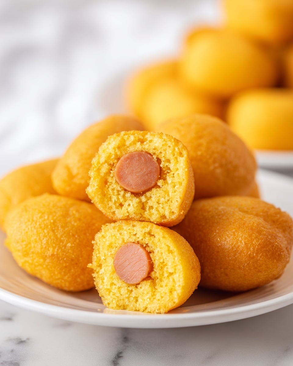 The image shows a white plate filled with small corn dog bites, each with a smooth, round hot dog center covered by a thick, golden-yellow cornbread layer that looks soft and slightly crumbly. The plate sits on a white marbled surface, and in the background, there is a blurred white plate holding more of the same corn dog bites. The close-up view highlights the texture of the cornbread around the hot dog, with some pieces showing the cross-section clearly. photo taken with an iphone --ar 4:5 --v 7