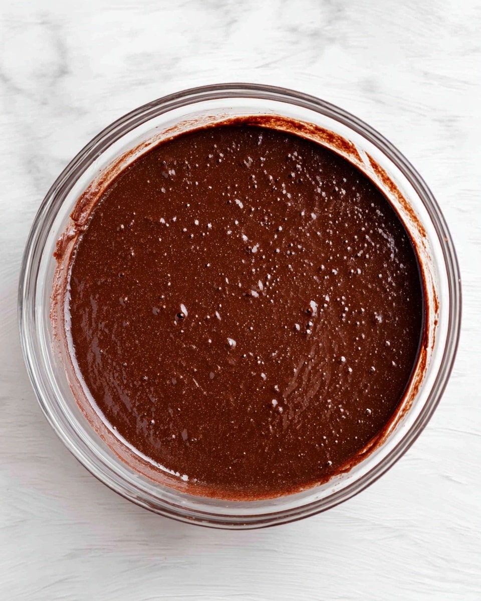 A clear glass bowl filled with smooth, dark brown chocolate batter that has a slightly shiny and thick texture. The batter shows small bubbles and tiny lumps, giving it a rich and moist look. There is a thin layer of batter smeared around the inside edge of the bowl. The bowl sits on a white marbled surface. photo taken with an iphone --ar 4:5 --v 7
