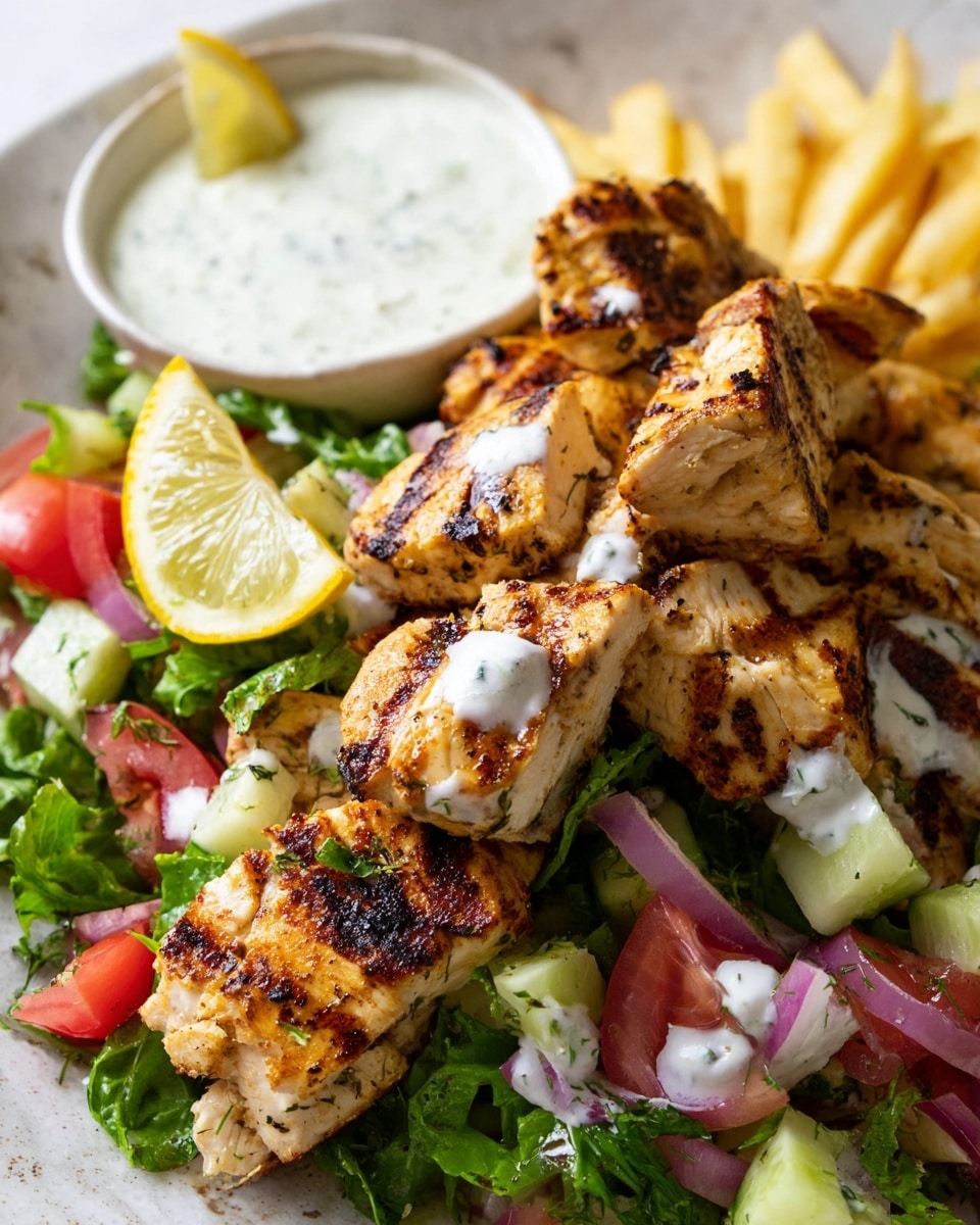 The dish shows several pieces of grilled chicken with char marks, placed on top of a fresh mix of green leafy lettuce, diced cucumber, tomato, and red onion, creating a colorful base. On the side, there are pale yellow French fries partially visible, and a white bowl filled with thick white sauce with small herbs on the surface. A slice of lemon is placed near the chicken, adding a bright yellow touch, and small dollops of white sauce are dotted over the chicken pieces. The entire arrangement is set on a white marbled surface. photo taken with an iphone --ar 4:5 --v 7