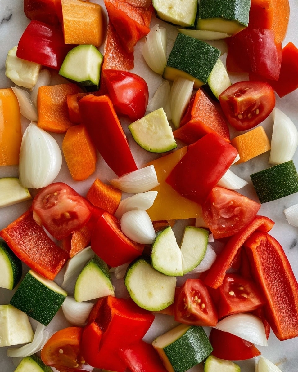 The image shows a close-up view of several layers of chopped vegetables spread out on a white marbled surface. The first layer consists of bright red tomato wedges with smooth, slightly shiny skin. Interspersed among the tomatoes are pieces of vibrant orange-red bell pepper with a firm texture. There are also chunks of pale green zucchini with deep green skin, cut into thick strips showing a firm, slightly bumpy texture. White onion pieces with smooth, shiny surfaces and slightly translucent layers are scattered throughout, along with small, round, white garlic cloves with a matte finish. The colors contrast vividly, creating a fresh, colorful spread of vegetables. Photo taken with an iphone --ar 4:5 --v 7