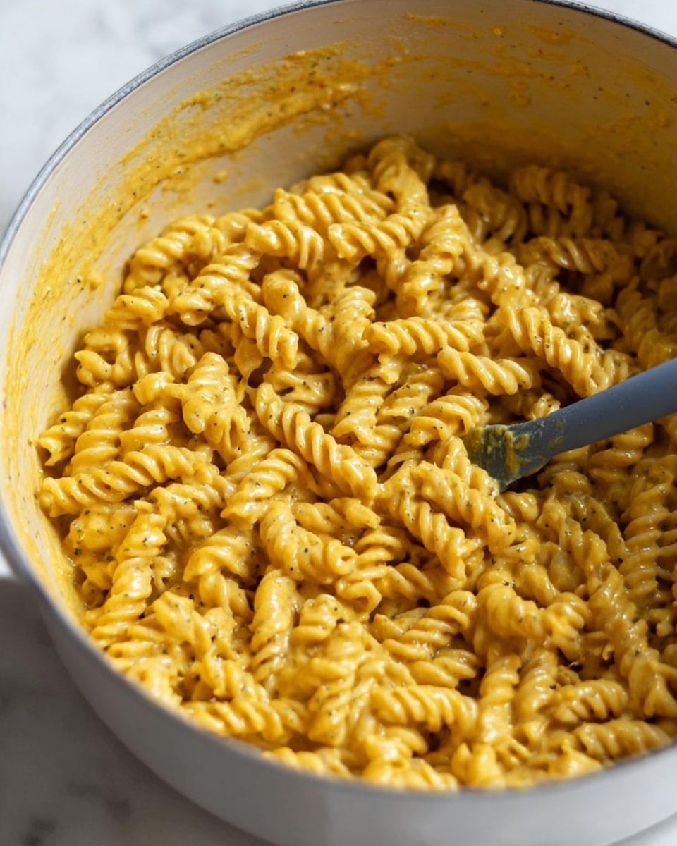 The image shows a close-up of a white pot filled with rotini pasta fully mixed in a thick, creamy, golden yellow sauce that clings to each spiral-shaped piece. The sauce looks smooth with a slightly grainy texture, speckled with tiny bits of seasoning throughout. A spoon with a blue silicone tip is partially submerged, lifting some of the pasta from the lower right side. The background features a white marbled texture. photo taken with an iphone --ar 4:5 --v 7
