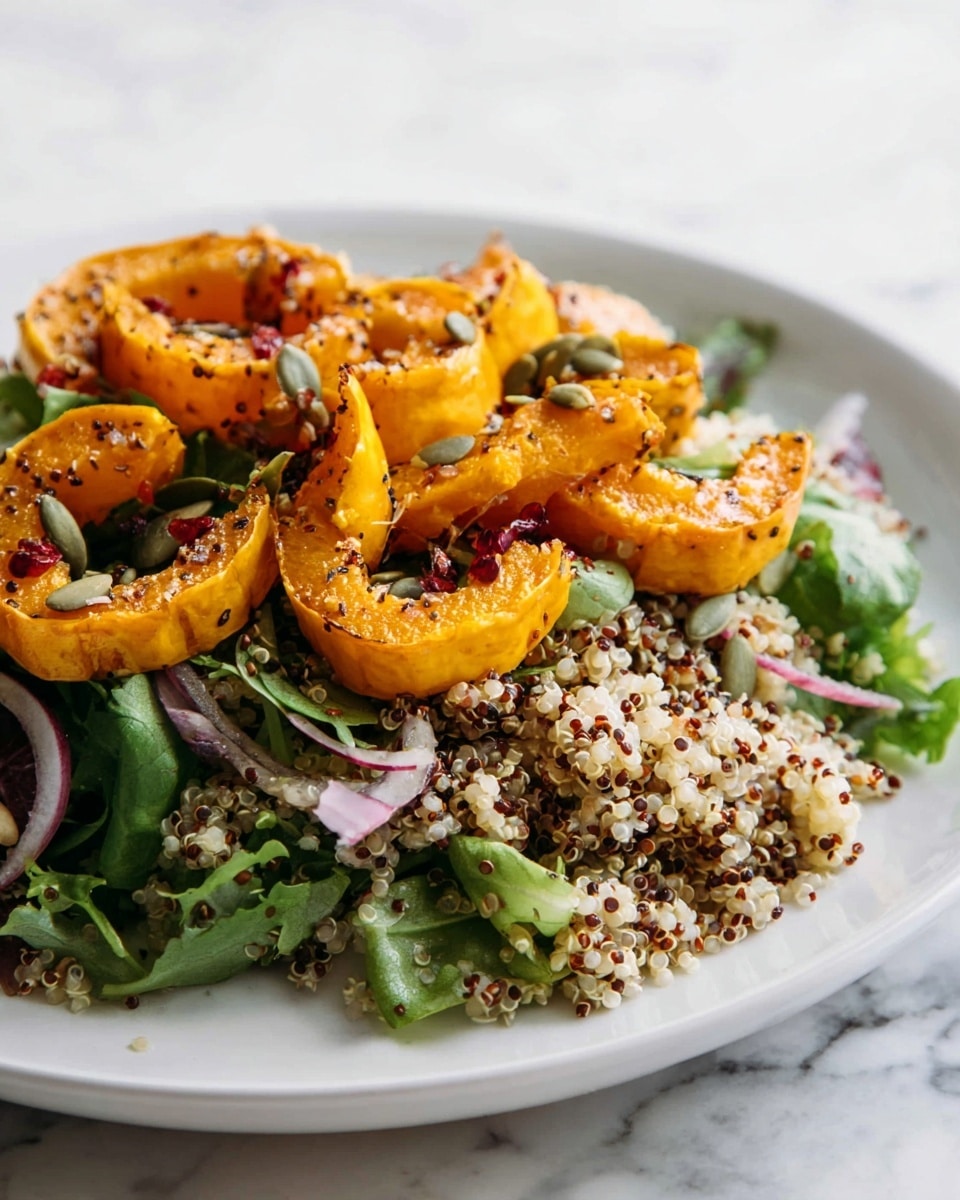 The dish shows a white plate full of layers, starting with a base of mixed greens and small leaves at the bottom. On top of this, there is a layer of white and brown quinoa mixed with green pumpkin seeds and thin slices of purple onion. The top layer has several pieces of bright orange roasted squash with a slightly charred texture and some specks of black pepper, arranged in a loose circle that covers the grains and greens. The colors are bright with a mix of green, white, light purple, and deep orange, all placed on a white marbled surface. photo taken with an iphone --ar 4:5 --v 7