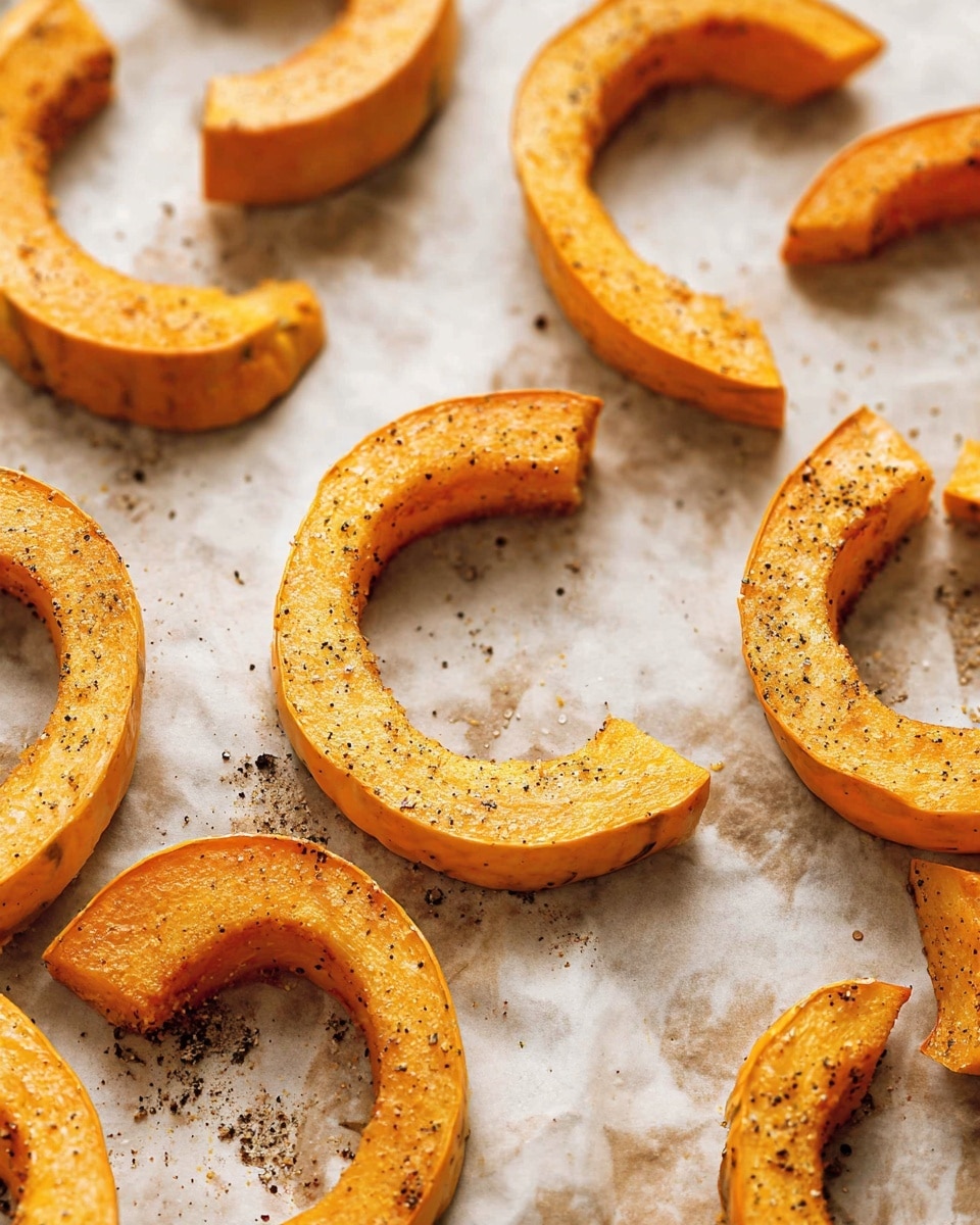 The image shows several crescent-shaped slices of roasted squash arranged on parchment paper over a white marbled surface. The squash slices have a light orange color with golden edges, and some dark pepper specks are scattered on and around the slices. The texture looks slightly crispy on the outside with a soft inside, and the pieces are evenly spaced across the scene. photo taken with an iphone --ar 4:5 --v 7