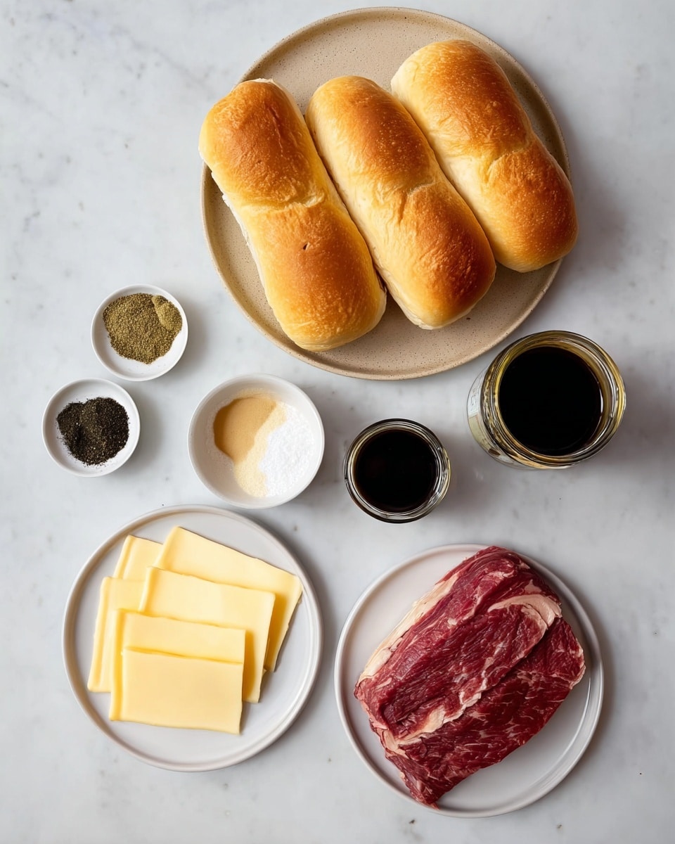 Three long sandwich rolls with a soft golden-brown crust are arranged side by side on a round beige plate at the top center. Below and slightly to the left, a small white bowl holds five piles of seasonings in varying colors: green, black, white, and two shades of light brown. Near the bottom left, a white plate holds six round slices of pale yellow cheese overlapping each other in a neat stack. On the bottom right, a white plate shows a thick piece of raw red meat with visible marbling and a few shallow cuts across the top. To the right of the seasoning bowl, two glass jars contain dark sauces, one bigger and one smaller. The background is a white marbled surface. photo taken with an iphone --ar 4:5 --v 7