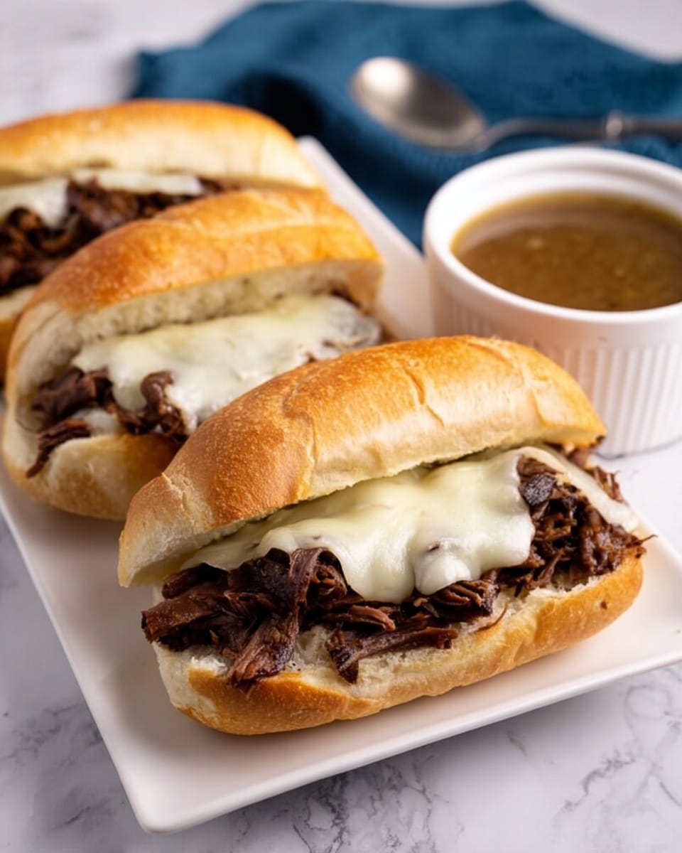 Three sandwiches on a white rectangular plate, each sandwich made with a soft golden brown bun sliced open, filled with tender, shredded dark brown meat and topped with melted white cheese draped over the meat. The plate is placed on a white marbled surface, and next to it is a white bowl filled with a light brown dipping sauce, with a blue cloth and a metallic spoon blurred in the background. Photo taken with an iphone --ar 4:5 --v 7