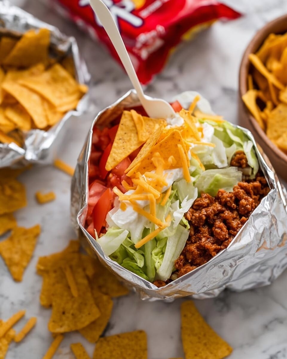 The image shows a white foil wrap filled with layers of food, starting with a base of ground meat mixed with sauce on one side, fresh chopped tomato pieces and shredded lettuce on the other. The top layer is a dollop of white sour cream covered with strips of yellow cheddar cheese and small triangular tortilla chips scattered on top. A white plastic fork is inserted into the wrap. Around the wrap, there are crushed yellow tortilla chips and a red bag of tortilla chips partly visible on a white marbled surface. photo taken with an iphone --ar 4:5 --v 7