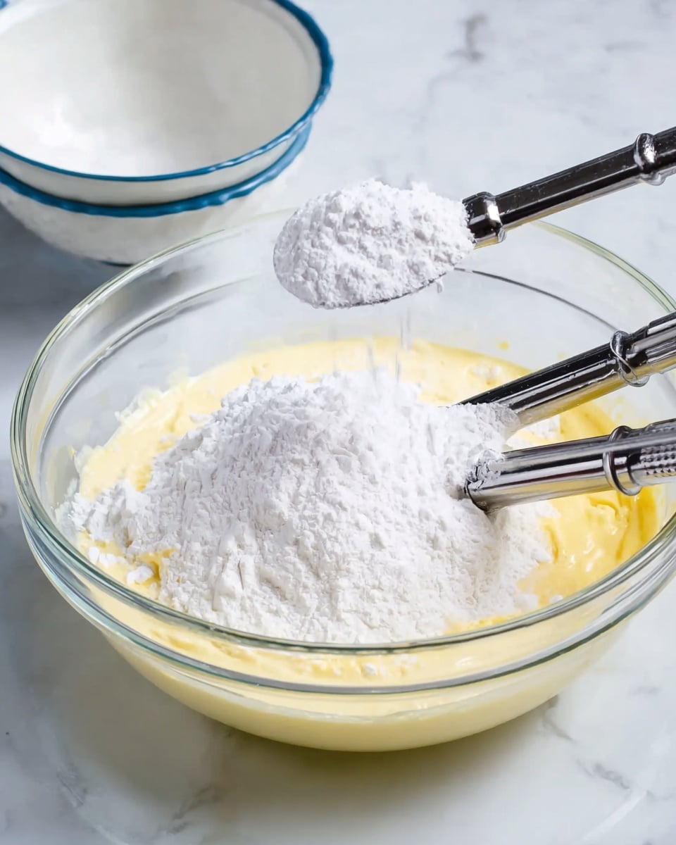A clear glass bowl sits on a white marbled surface, holding two main layers: a soft, pale yellow creamy layer at the bottom and a thick layer of bright white powdered sugar piled on top. Two metal beaters rest in the bowl, partially covered in the yellow creamy mixture. A silver spoon is shown adding more white powdered sugar onto the bowl. In the background, a white bowl with a blue rim is slightly out of focus. photo taken with an iphone --ar 4:5 --v 7