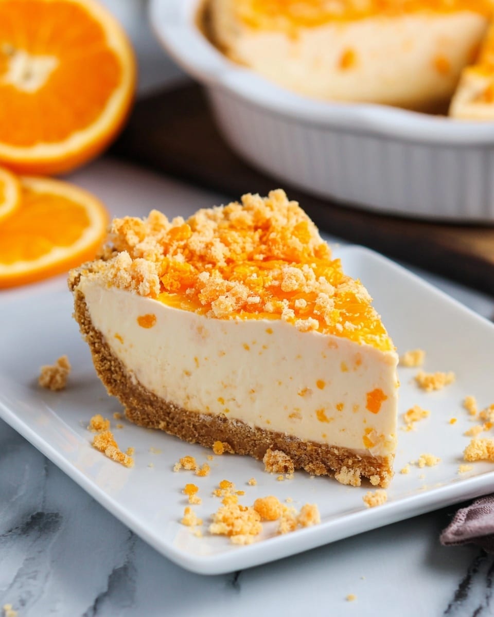 A single slice of orange cream pie is placed on a white square plate on a white marbled surface. The pie has three visible layers: a crunchy light brown crust at the bottom, a thick creamy pale orange middle layer with small orange bits mixed in, and a crumbly orange topping with various shades of bright orange crumbs scattered on top and a few crumbs around the plate. In the background, a white pie dish filled with the same pie and a cut orange half are partially visible. Photo taken with an iphone --ar 4:5 --v 7