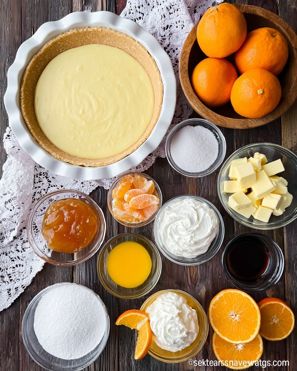 A photo shows an empty pie crust in a white pie dish on the left side. Around it are small glass bowls with different ingredients, including a light yellow creamy mixture, an orange jam-like layer, white sugar, white flour, white whipped cream, small cubes of yellow butter, and a small bowl of dark vanilla extract. There are whole oranges in a wooden bowl and some orange halves around the bowls on a dark wooden surface. A white lace cloth is partly visible under some bowls. Photo taken with an iphone --ar 4:5 --v 7