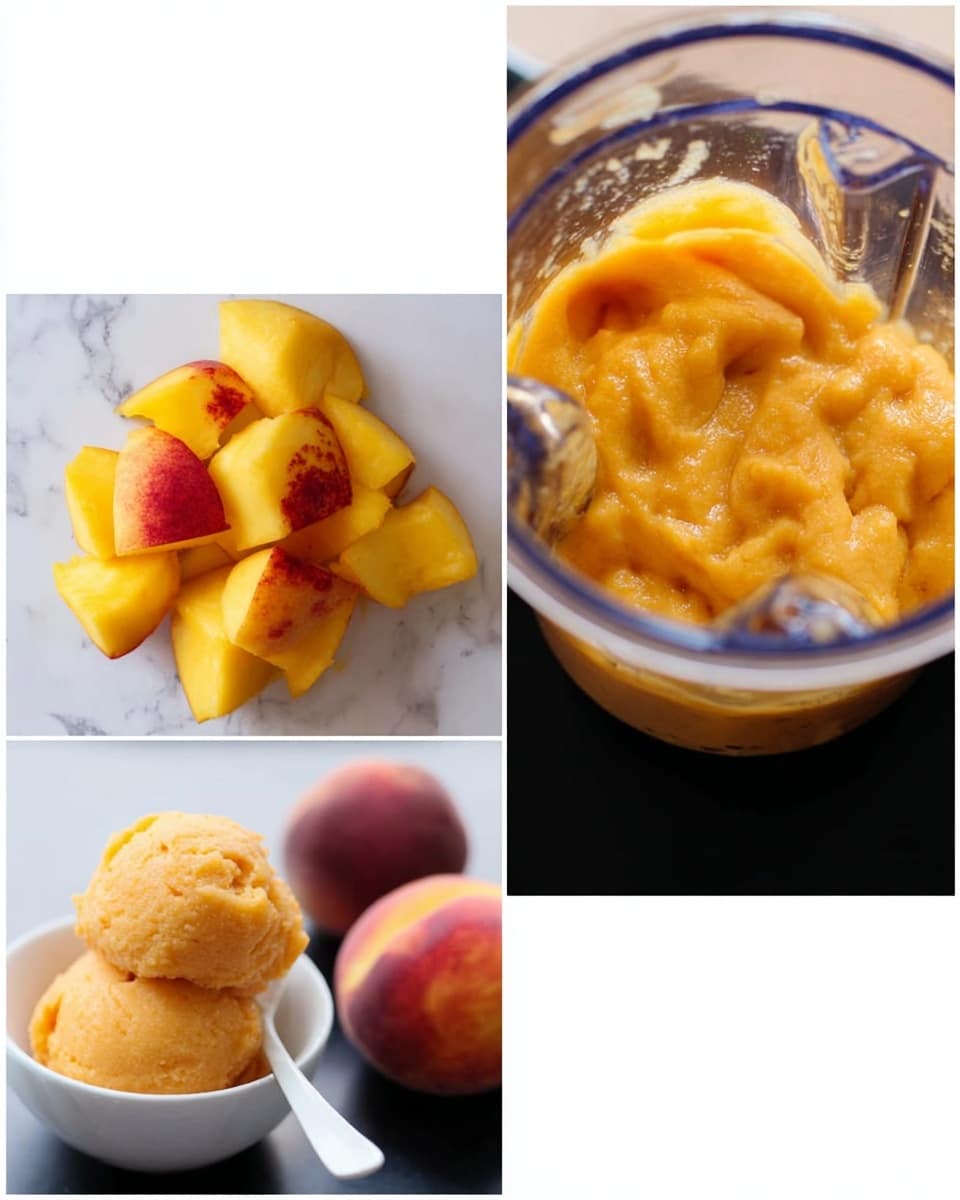 The image shows three parts: the first part has pieces of yellow peach with red spots in a clear blender, the second part shows a close-up of blended peach mixture inside the same clear blender, having a smooth but slightly chunky orange texture, and the last part shows two scoops of thick peach puree in a white bowl and a white spoon on a black flat surface with a whole peach beside them. The background is white marbled texture photo taken with an iphone --ar 4:5 --v 7