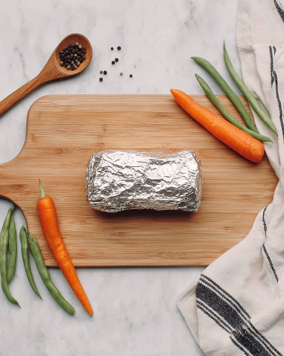 A wooden cutting board with a single piece of food wrapped tightly in crinkled silver foil placed in the center. Around the board, the white marbled surface holds a wooden spoon with small black peppercorns, two thin orange carrots on the right, three green beans on the left, and a white cloth with black stripes folded in the top right corner. The overall scene is clean and simple with soft natural light. photo taken with an iphone --ar 4:5 --v 7