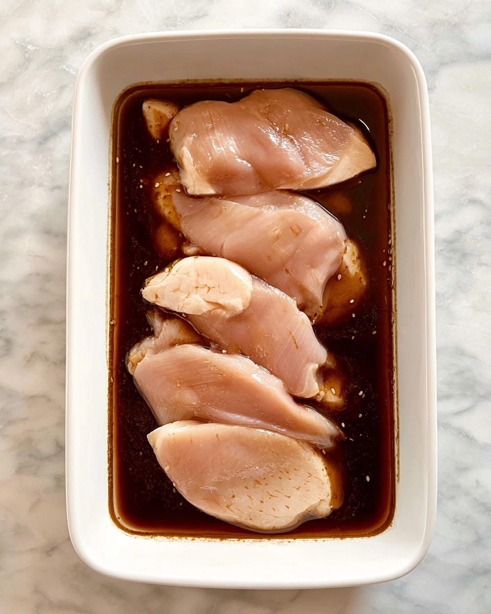 A white rectangular dish holds four layers of pale pink raw chicken pieces arranged in a neat pattern, each piece partially submerged in a thick, dark brown marinade that pools around their edges. The dish rests on a white marbled surface, which highlights the glossy texture of the marinade and the smooth, slightly wet look of the chicken. The clean, simple presentation focuses on the contrast of the pale chicken against the rich brown liquid. photo taken with an iphone --ar 4:5 --v 7