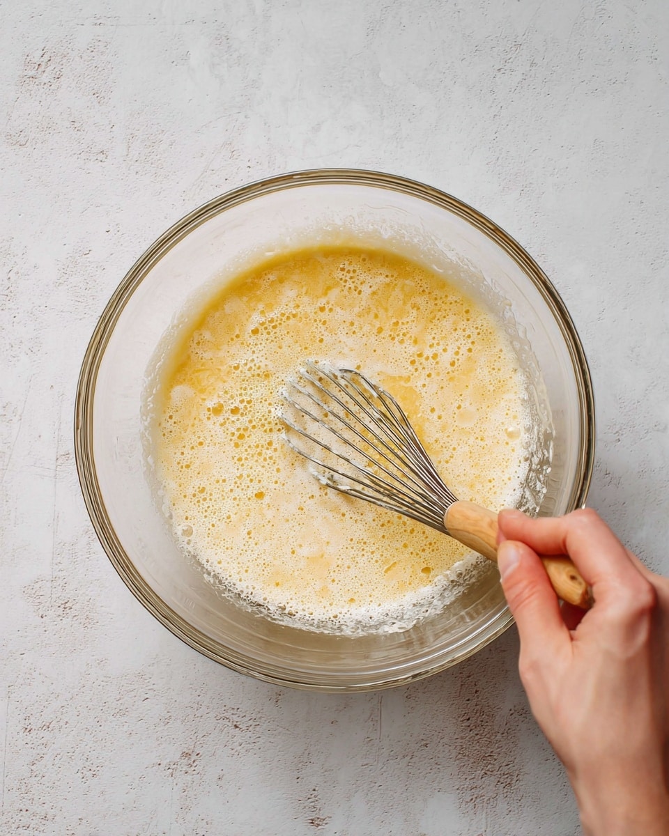 A clear glass mixing bowl with a light yellow, frothy liquid mixture inside, showing thick and bubbly textures blended together. A woman's hand holds a metal whisk with a wooden handle, stirring the mixture from the right side of the bowl against a white marbled textured background. The bowl is seen from above, capturing the mixing action clearly with soft, natural lighting. photo taken with an iphone --ar 4:5 --v 7