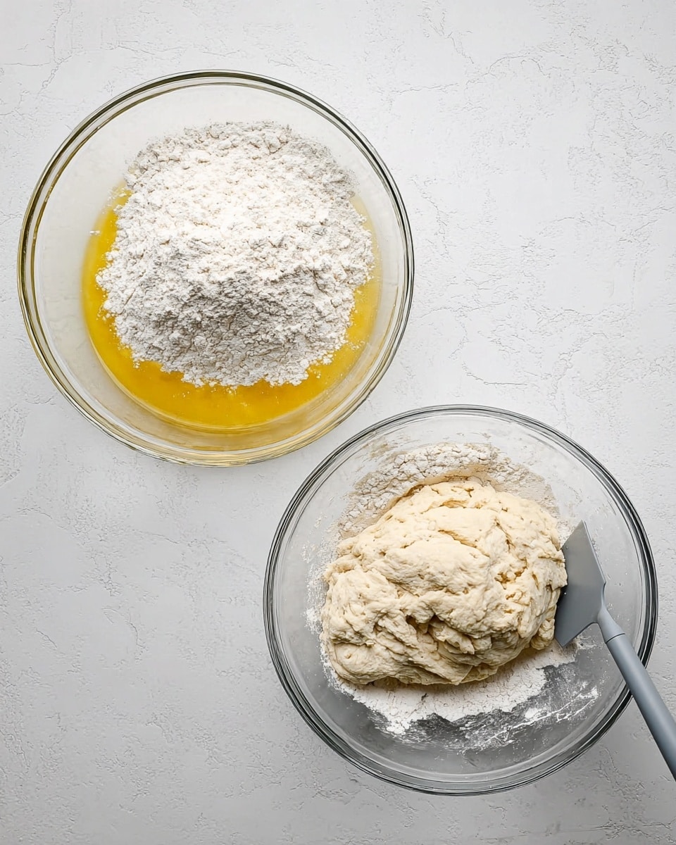 A clear glass bowl on a white marbled surface holds a two-layer mix: the bottom layer is a yellow liquid, likely butter or oil, and the top layer is a large heap of white flour, soft and powdery, forming one mound. Next to it, in another clear glass bowl on the same surface, a soft, light beige dough with a slightly sticky texture sits in one lump with a grey spatula partly embedded in it. The dough looks airy and mixed, contrasting with the dry flour from the first bowl. photo taken with an iphone --ar 4:5 --v 7