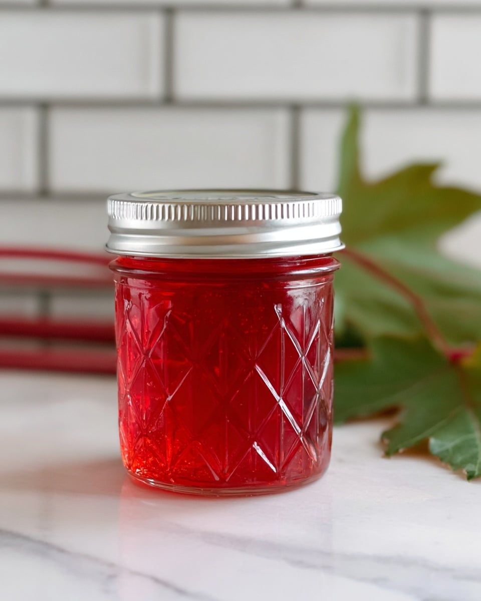 A close-up view of a small clear glass jar filled with a bright red jelly-like substance, topped with a silver metal lid. The jar has a diamond pattern texture on its surface, reflecting light. Behind the jar, there is a green leaf and some red stems slightly blurred. The background consists of white tiles with gray grout lines, and the jar is placed on a white marbled surface. The focus is sharp on the jar, showing its detailed texture clearly. photo taken with an iphone --ar 4:5 --v 7