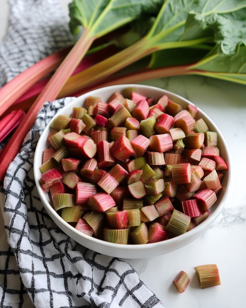 A white bowl is filled with many small cut pieces of rhubarb stalk, showing pinkish-red outer edges and pale green inner sides, with a texture that looks firm and slightly fibrous. Behind the bowl, there are a few fresh rhubarb stalks with large dark green leaves extending upwards and outwards. The bowl sits on a soft fabric with a white and black checkered pattern, placed on a white marbled surface that adds a clean and bright background to the scene. photo taken with an iphone --ar 4:5 --v 7