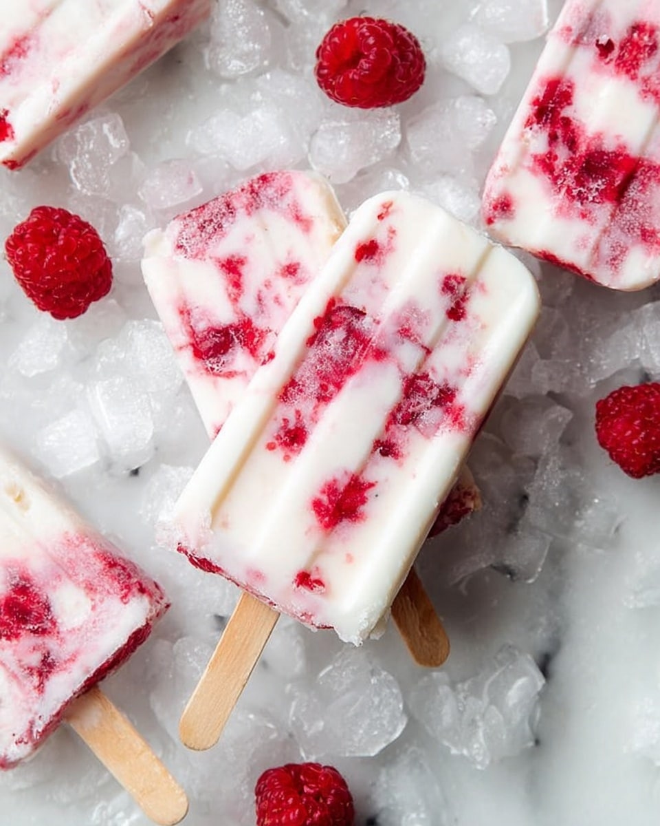 The image shows a white popsicle with swirls of bright red raspberry pieces spread throughout. The popsicle has a smooth, creamy texture mixed with the small chunks of raspberry, giving it a marbled look of white and red. It is placed on a bed of crushed ice on a white marbled surface, surrounded by other similar popsicles and a fresh raspberry nearby. The popsicle’s wooden stick is visible at the bottom, adding a natural element to the overall crisp and fresh picture. photo taken with an iphone --ar 4:5 --v 7