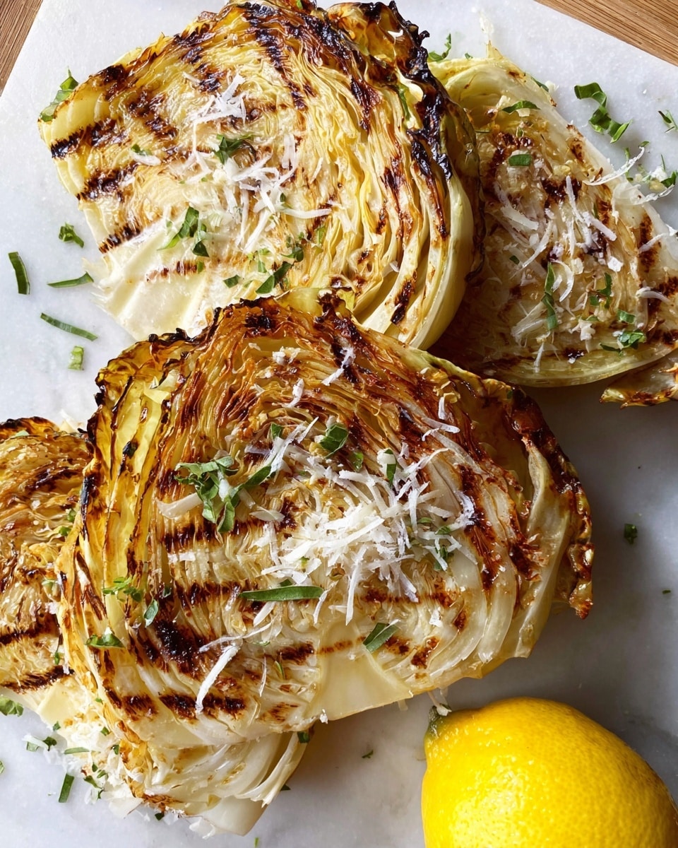 Three grilled cabbage slices with golden brown edges and soft white layers inside are placed on a white marbled surface. The charred dark brown grill marks highlight the texture of the cabbage leaves, while some fresh green herb bits are scattered on and around the cabbage. White shreds of cheese are sprinkled over the top, adding a light texture contrast. At the bottom right corner, a whole bright yellow lemon adds a pop of color. The photo taken with an iphone --ar 4:5 --v 7