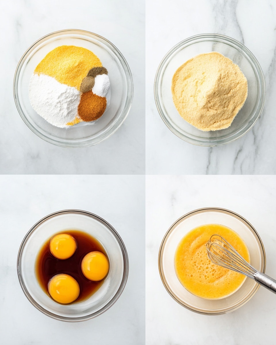 The image shows four clear glass bowls arranged in a grid on a white marbled surface. The top left bowl holds five separate layers of dry ingredients in a circle: yellow cornmeal, white flour, white salt, black pepper, and brown seasoning powders. The top right bowl contains the same ingredients mixed together into a single light yellow mixture with a smooth, powdery texture. The bottom left bowl has three whole raw eggs with bright yellow yolks and a dollop of dark brown liquid on top. The bottom right bowl shows the eggs beaten into a uniform orange-yellow liquid with small bubbles across the surface. A black whisk is placed above the top right bowl. Photo taken with an iphone --ar 4:5 --v 7