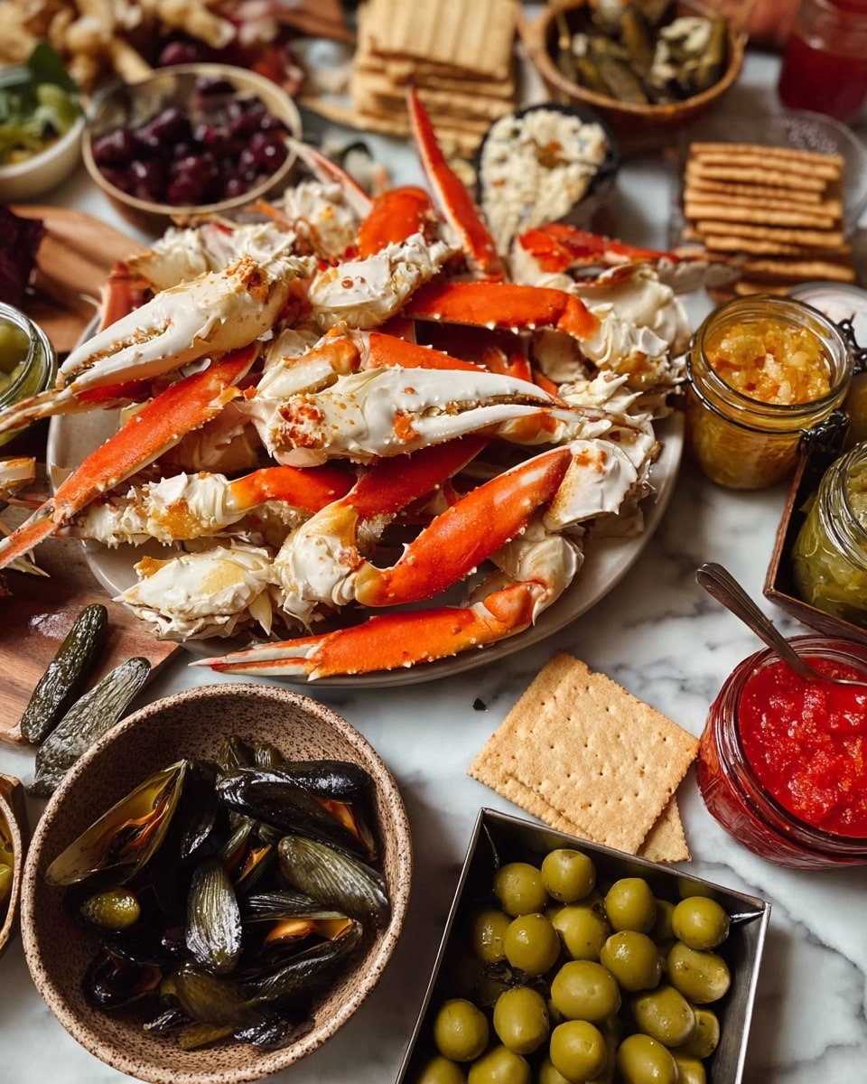 A large white plate is piled high with crab claws featuring pale beige shells and bright orange tips, positioned in the center of a wooden table. Surrounding this are various small bowls and open cans filled with different pickled and preserved foods; in the foreground, a speckled brown bowl holds dark green pickles. To the right, a small metal tray contains yellow-orange mussels in oil, and another tray nearby has a bright red chunky sauce with a spoon resting inside. In the upper area, a bowl is filled with green olives, and another small bowl holds shiny, small red peppers. Scattered around are rectangular crispbread pieces in a pale tan color, adding texture to the spread. The background and surface are a white marbled texture. photo taken with an iphone --ar 4:5 --v 7