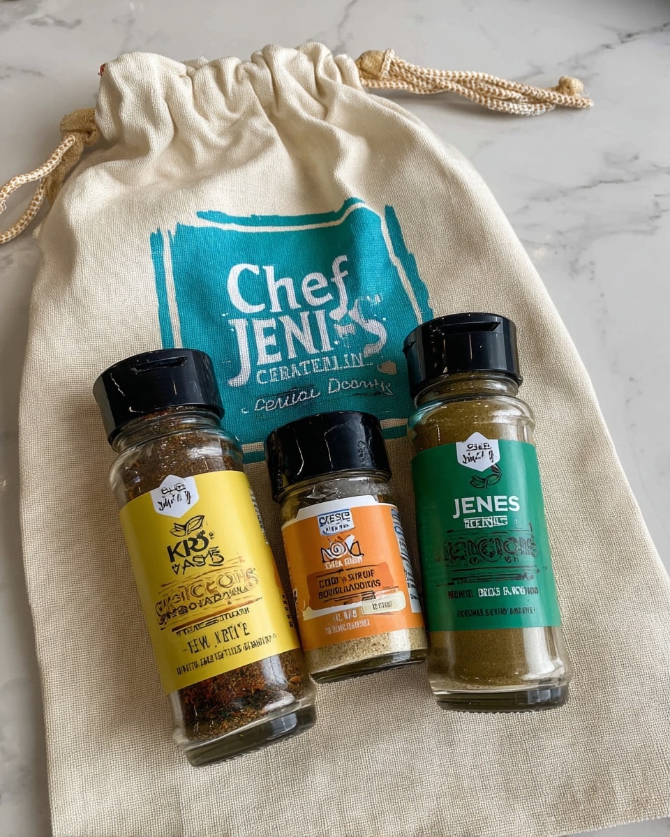 Three seasoning bottles are placed on a cream-colored drawstring bag with a teal logo that reads